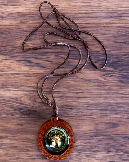 Amuleto della Vita "Albero degli Antenati" - Collana Fatta a Mano in Legno e Vetro, possibilità di personalizzazione con incisione per un regalo