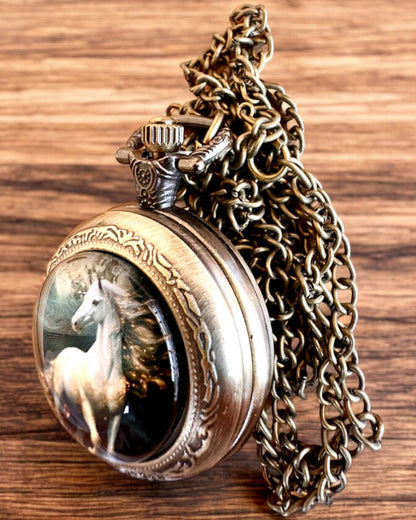 Orologio da tasca Unicorn Elegance con catena, motivo unicorno, incisione personalizzata gratuita