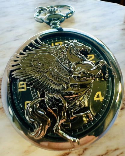 Orologio da Tasca "Equus Tempus" - Nero con Motivo di Cavallo, possibilità di personalizzazione con incisione - quadrante nero