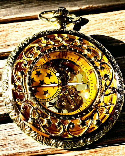 "Złoty Majestat" - Orologio Meccanico da Tasca di Lusso con Cassa Trasparente. Personalizzazione con incisione.