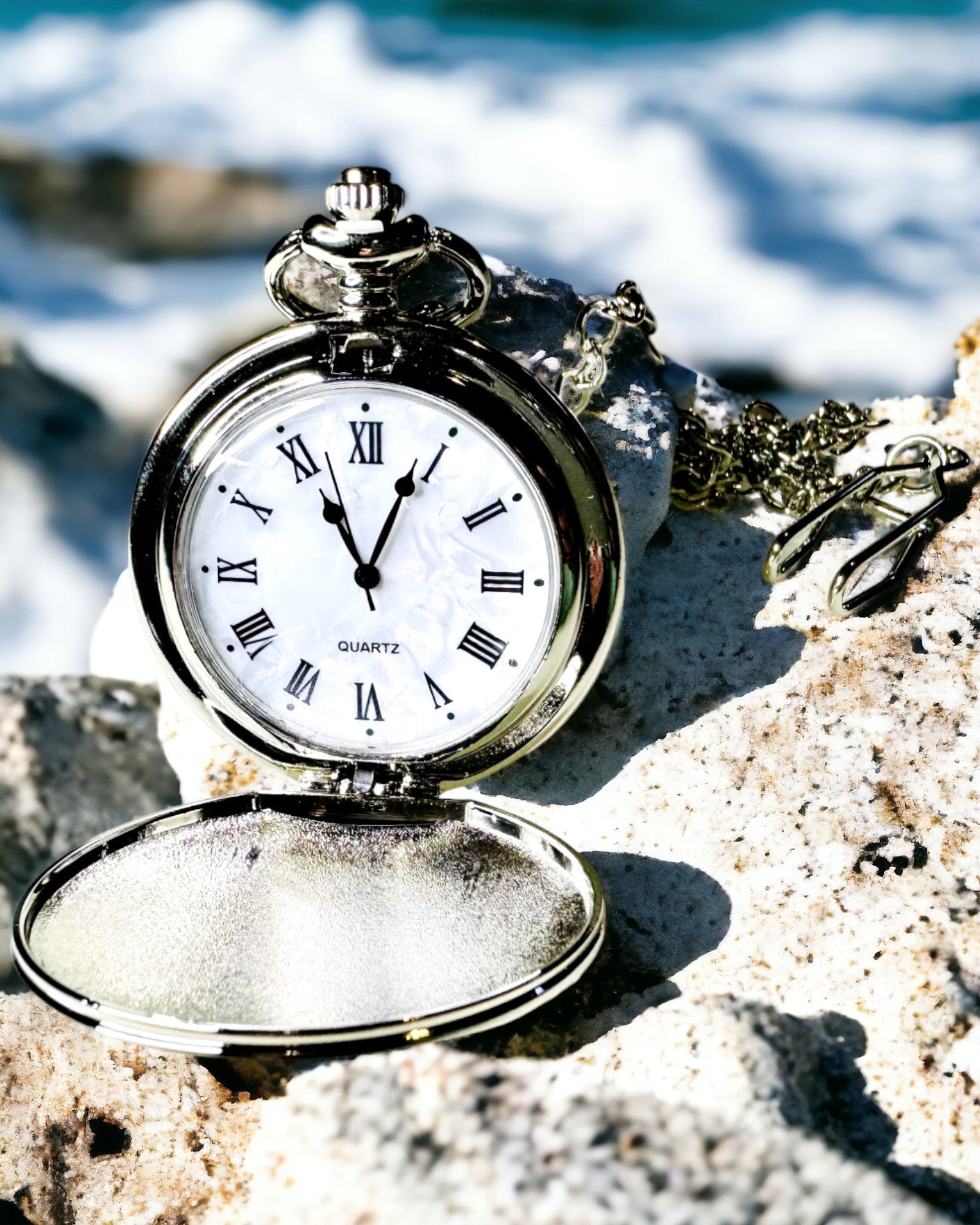 Orologio da Tasca Classico con Numeri Romani e Catenina, Quarzo, Lucido in Acciaio - colore argento