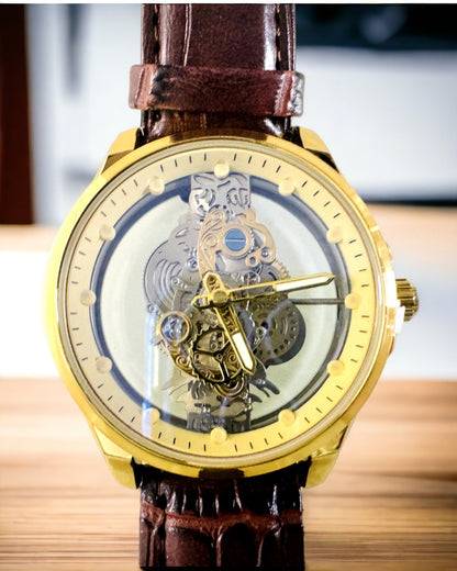 Orologio da Uomo con Meccanismo Trasparente - Eleganza e Precisione in Cornice Dorata