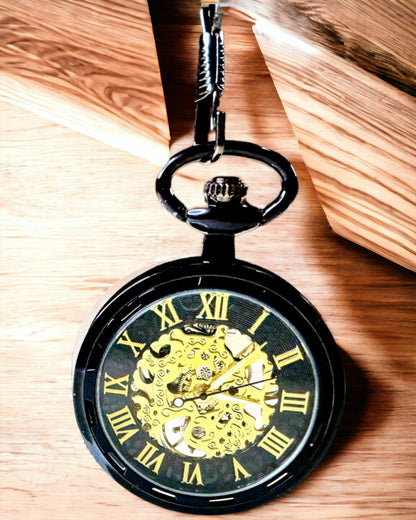 Orologio Meccanico da Tasca in Stile Retro, Impermeabile, Semi-automatico - colore Nero - Ideale come Regalo, incisione