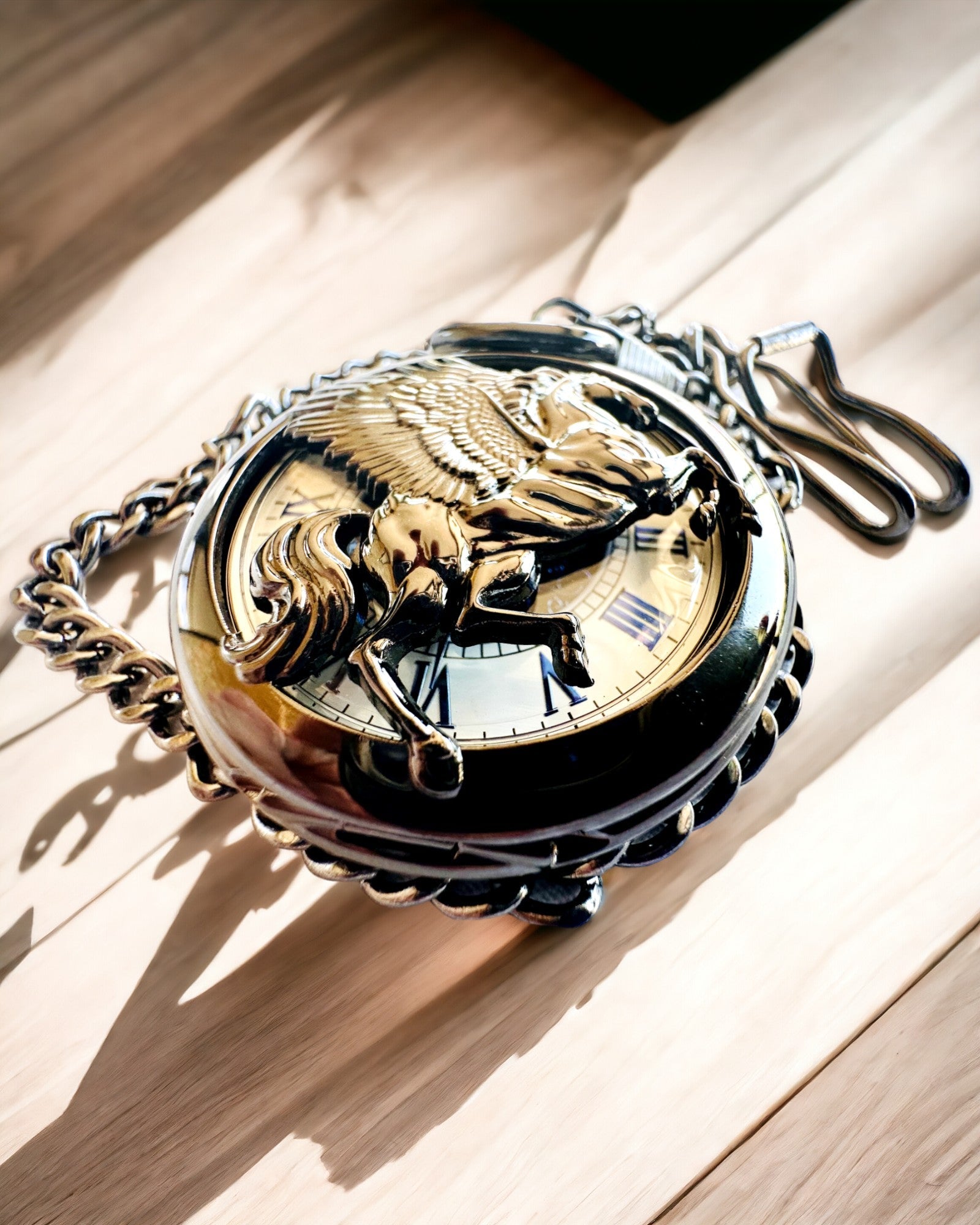 Orologio da Tasca "Equus Tempus" - Nero con Motivo di Cavallo, possibilità di personalizzazione con incisione - quadrante bianco