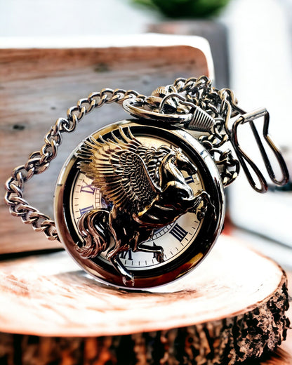 Orologio da Tasca "Equus Tempus" - Nero con Motivo di Cavallo, possibilità di personalizzazione con incisione - quadrante bianco