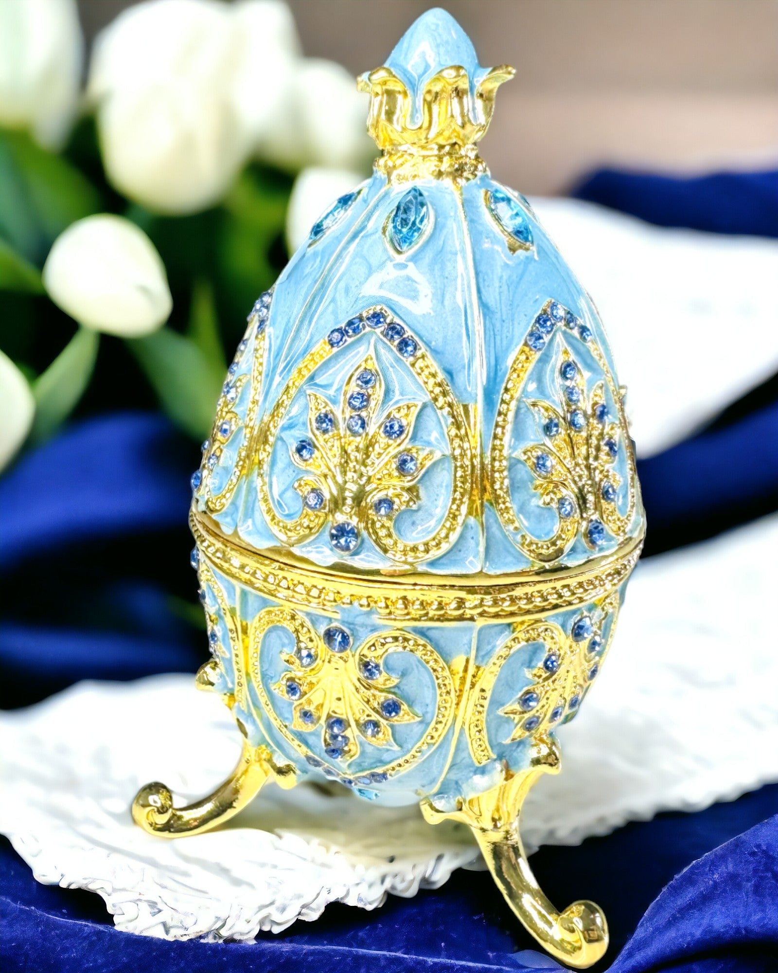 Uovo Fabergé Celestiale – Organizer per Gioielli Smaltato - colore blu cielo. Personalizzazione con incisione.