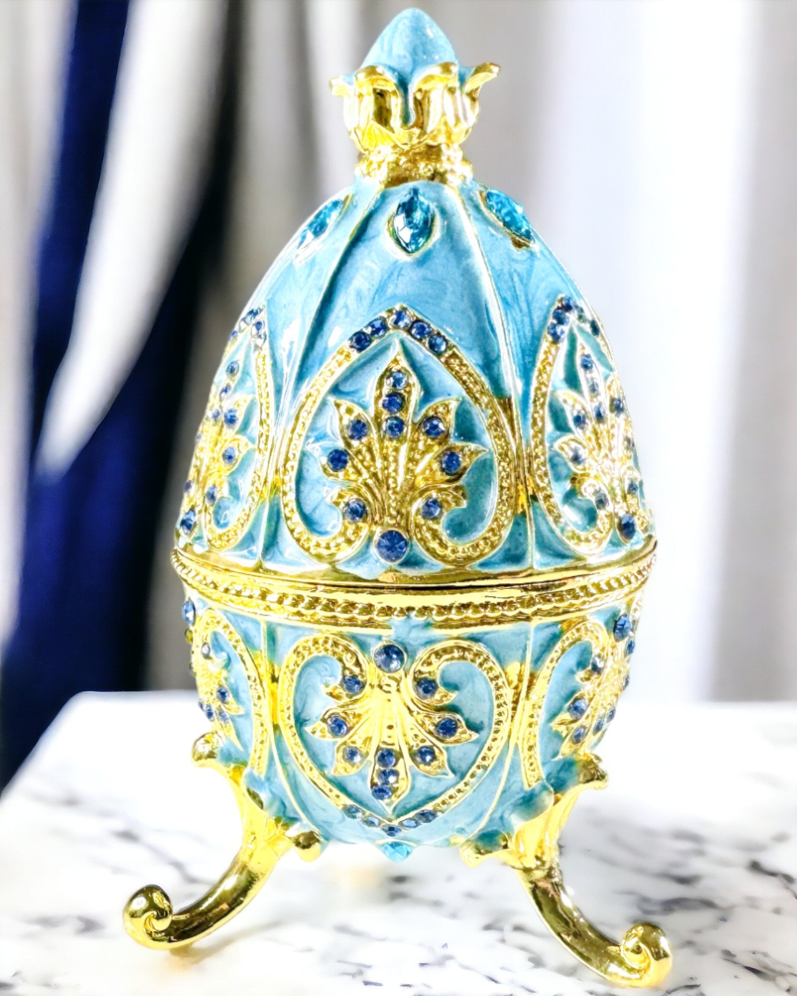 Uovo Fabergé Celestiale – Organizer per Gioielli Smaltato - colore blu cielo. Personalizzazione con incisione.