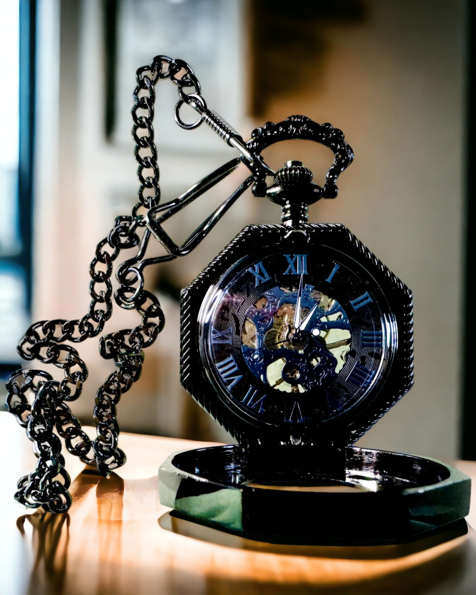 Orologio da tasca meccanico ottagonale classico steampunk di colore nero, incisi