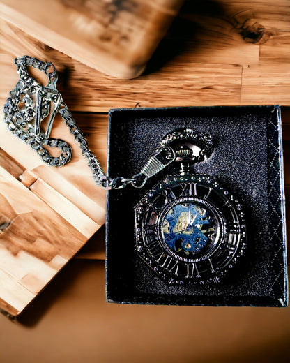 Orologio da tasca meccanico ottagonale classico steampunk di colore nero, incisi