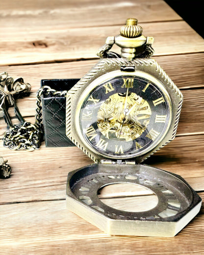 Orologio da tasca meccanico ottagonale classico colore marrone in stile steampunk - Senza tempo